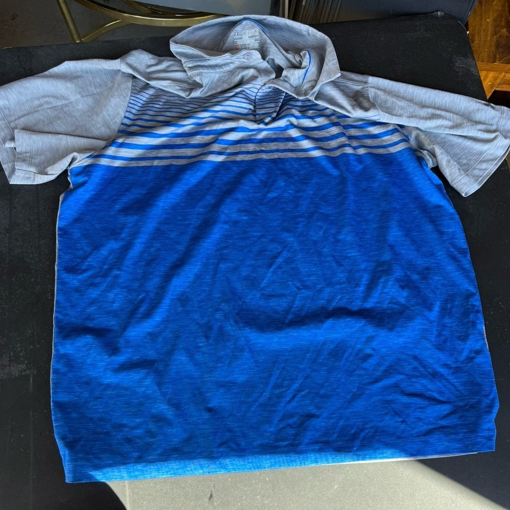 Under Armour HeatGear Polo Shirt Mens 2XL Blue Gray Striped‎ Golf Casual